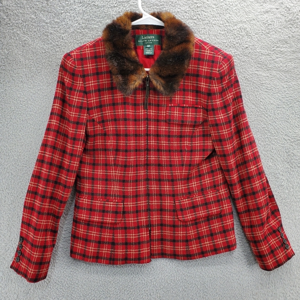 Lauren Ralph Lauren Red Plaid Wool Jacket with Brown Fur Collar